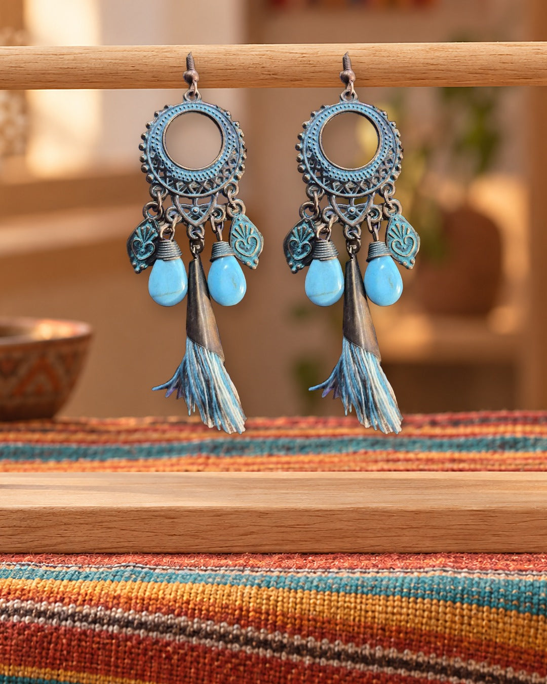Boucles d'oreilles Inkao Filigrane turquoise à pompon — Photo 1