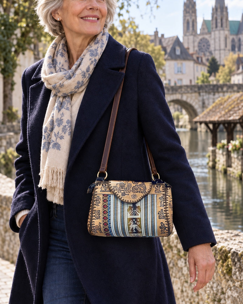 Sac Inkao Crème et bleu Perú porté à Chartres